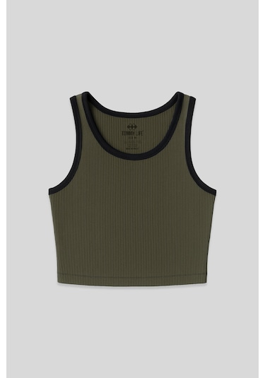 Tommy Life Haki Basic Sıfır Kol Dar Kalıp U Yaka Kadın Crop Top Atlet - 97160 Haki