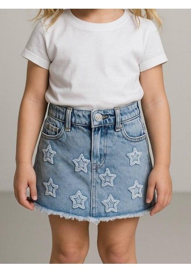 Kız Çocuk Yıldız İşlemeli Kot Etek-15823 Mavi