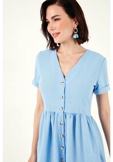 Lela Cepli Önü Düğmeli Kısa Kollu V Yaka Regular Fit Bayan Elbise 611El222 Bebe Mavi