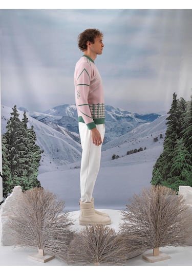 Pembe Doğal Yün Dokulu Regular Fit Kazak 801821 Pembe