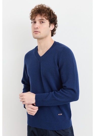 Erkek V Yaka Basic Yün Kazak İndigo İndigo