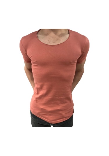 Bybülent Oval Yaka Açık Yaka Erkek Tişört Likralı Slim Fit