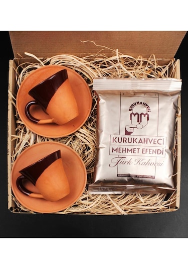 Çömlek Toprak Kahverengi Sırlı El Yapımı 2'li Türk Kahvesi Fincan Takımı Seti