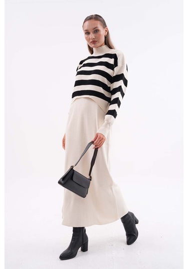 Kadın Triko Askılı Elbise Kazak İkili Takım Krem