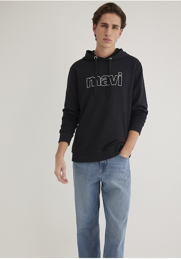 Mavi - Mavi Logo Baskılı Erkek Kapüşonlu Sweatshirt 065606-900 Siyah