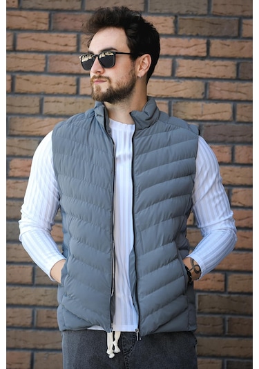 Faxy Cepli Dik Yaka Nova Parlak Kumaş Erkek Şişme Yelek Antrasit