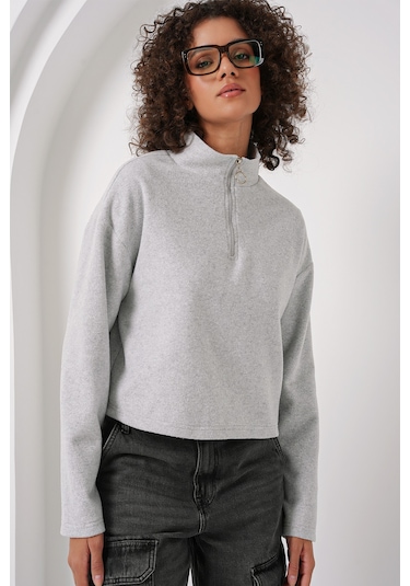 Bigdart 55449 Fermuarlı Yaka Örme Sweatshirt - Gri