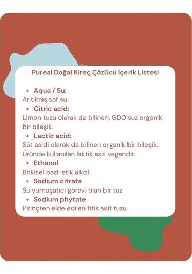 Pureal Doğal Kireç Çözücü - Tüm Kireçli Yüzeyler, Espresso Ve Kahve Makineleri - Su Isıtıcıları 1 L Tekli