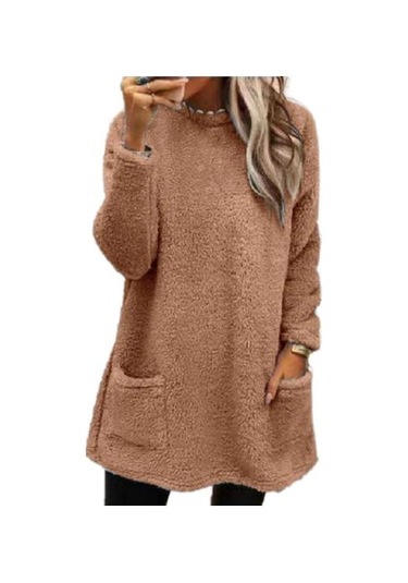 Çift Cepli Bayan Kışlık Sweatshirt Saf Renk Peluş Yuvarlak Yaka Bol Kahverengi