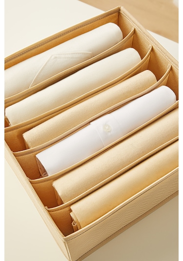 Ocean Home Textile 2'li 6 Bölmeli Bej Balıksırtı Desenli Çekmece İçi Düzenleyici Kutu Set 28 x 28 x 13 cm