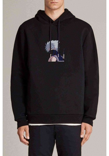 Anime Kakashi Baskılı Siyah Erkek Örme Kapşonlu Sweatshirt (530990753)