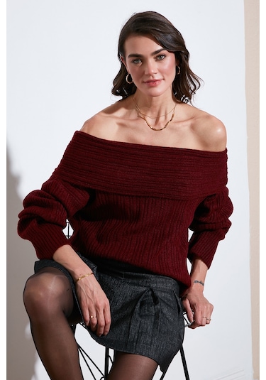 Lela Oversize Fit Madonna Yaka Triko Bayan Kazak 4615216 Bordo