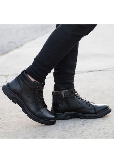 Ghattix Lass Kışlık Hakiki Deri Erkek Bot Fermuarlı Siyah Siyah