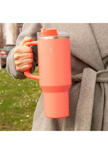 Lurch Big Cup 1.2 L, Paslanmaz Çelik Termos - Uzatılabilir Pipetli, Çift Cidarlı, Sızdırmaz Mercan Pembe