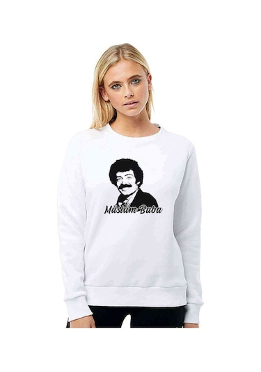 Müslüm Baba Baskılı Beyaz Kadın Sweatshirt