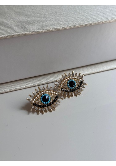 Göz Figürlü Nazar Boncuğu Detaylı Taşlı Küpe Altın Renk Kadın Çelik Takı Altın