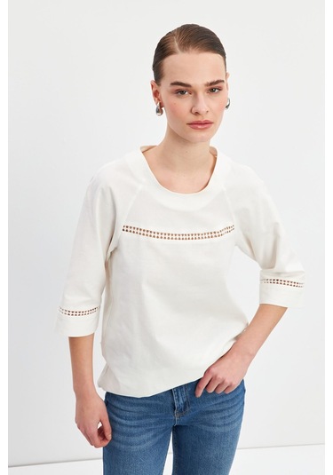 Stella Pulvis Ekru Dantel Detaylı Reglan Kol Bluz Ekru