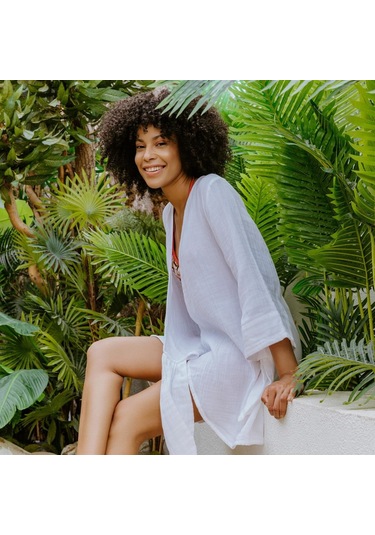 Pamuk Dokuma Kruvaze Kuşaklı Kadın Müslin Plaj Elbisesi - XS - S Beyaz