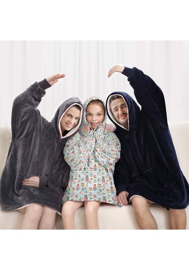 Noel Temalı 6-13 Yaş Çocuk Giyilebilir Battaniye Hoodie, Kalın Peluş, Büyük Boy-a80 Krem - Pembe