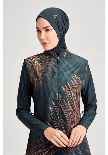 Haşema 3049 Yeşil Gold Yaprak Detaylı Jileli 5 Parça Tesettür Mayo Takımı Çok Renkli