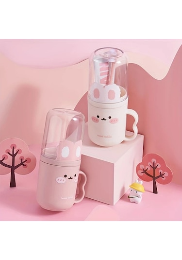 Elmpaly Pembe Renkli Taşınabilir Diş Fırçası Kutusu Ve Ağız Bakım Seti Sevimli Tavşan Desenli Seyahat Çözümü 1