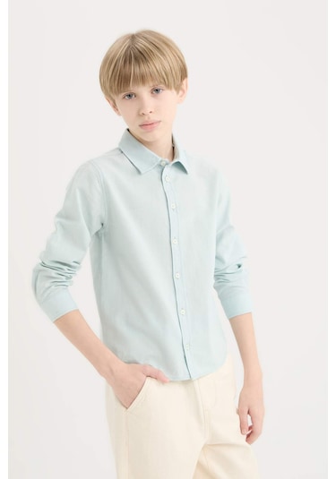 DeFacto Erkek Çocuk Polo Yaka Keten Karışımlı Uzun Kollu Gömlek D7781A825SMGN1256