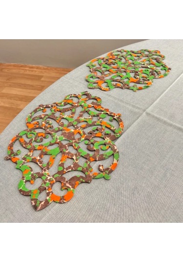 Uretti - Gülin 6449 - Ebru Sanatı İle Elde Yapılmış Lazer Kesim Keçe Supla 2li Takım 40cm - Kahverengi Çok Renkli