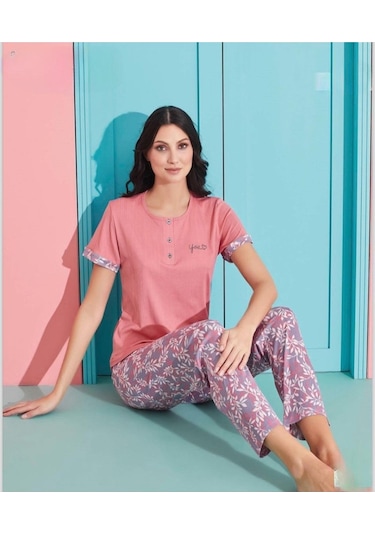 Pijamoni Kadın Viskoz Likralı Düğme Yaka Kaşkorse Patlı Kısa Kol Pijama Takımı 5520-2 / 1 Adet Pembe
