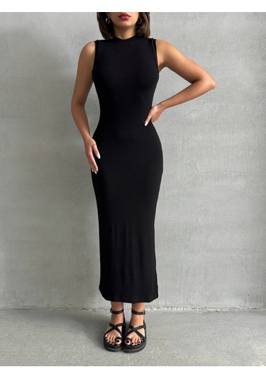 Kadın Yırtmaç Detaylı Kolsuz Soft Touch Esnek Elbise Siyah