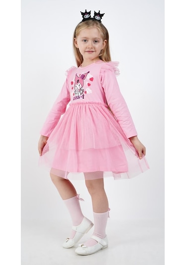 Kuromi Pembe Tül Detaylı Kız Çocuk Elbisesi Pembe