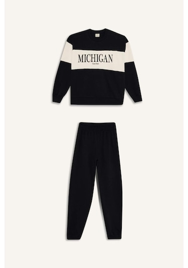 Defacto Kız Çocuk 2li Takım Baskılı Sweatshirt Eşofman Altı E6418a825aubk81 Siyah