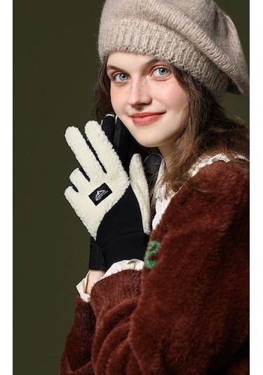 Snapbuy Unisex Kışlık, Parmak Açılır Dokunmatik, Kalın Peluş Eldiven Açık Bej