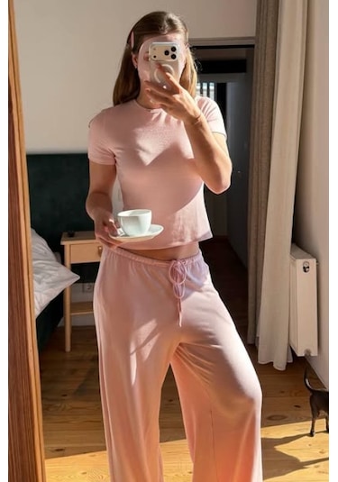 Pembe Geniş Paça Barrel Fit Eşofman Altı Mg2646 Pembe