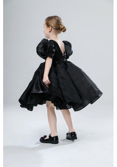 Balon Kollu Organze Tasarım Abiye - Kristal Tüllü Organze