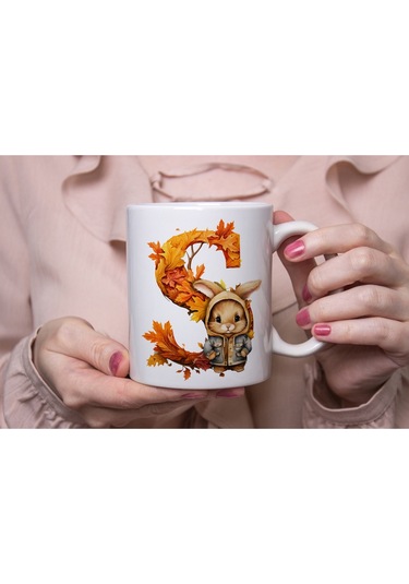 S Harf Sonbahar Yaprak Temalı Kupa Bardak - Sevimli Figürler İle Alfabe Harfli Bardak - Kişiye Özel Beyaz