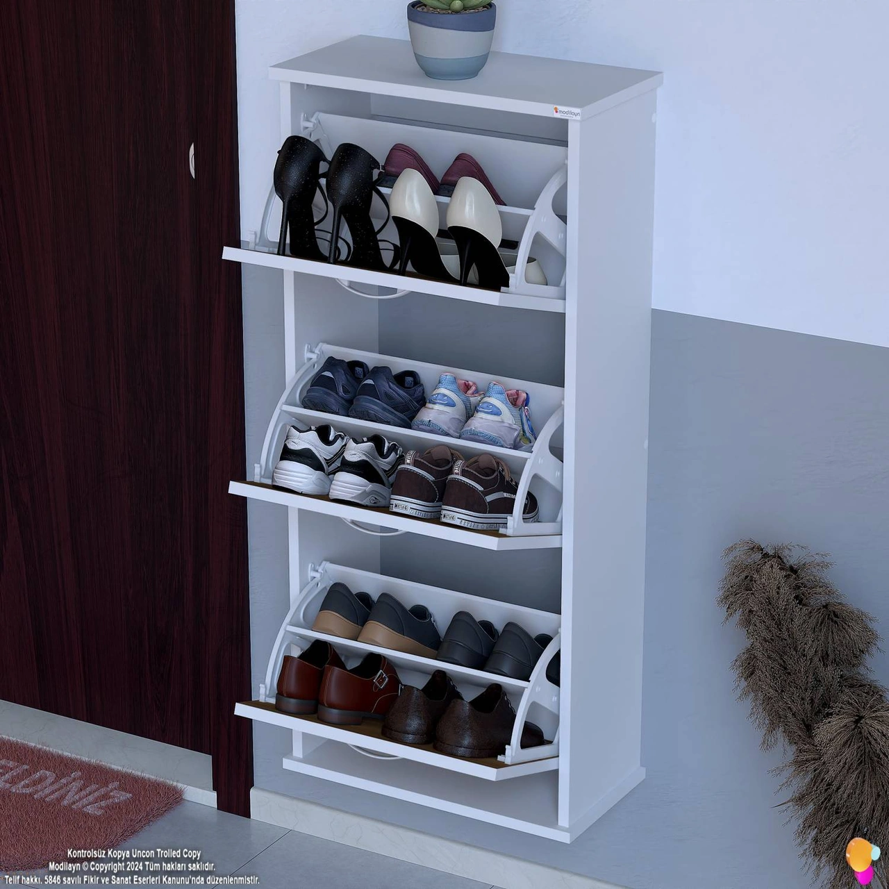 Uygar Ceviz Renk Asma Ayakkabılık Kapı Önü 3 Düşer Kapak 6 Göz Raf Bölme Ayakkabılık 52x115x25,5 Cm Ceviz