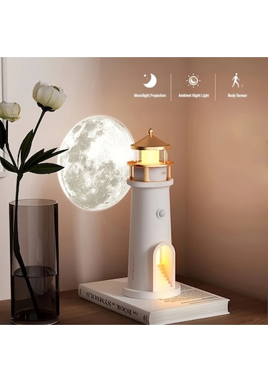 Honeybeeshop Beyaz Ay Lambası Projektör Gece Lambası Fener Dekorasyon Şarj Edilebilir Led Galaksi Projektörü Hareket Sensörlü Beyaz