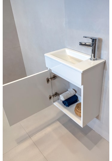 Joy Banyo Dolabı Seti 45 Cm Parlak Beyaz Aynalı Lavabolu Mdf Parlak Beyaz