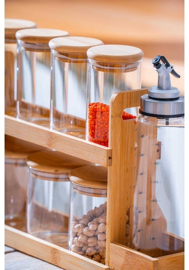 Acar Malibu Bambu Standlı 9 Lu Boroslikat Cam Baharatlık Seti Şeffaf