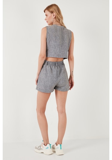 Lela Flamlı Regular Fit V Yaka Yelekli Şortlu Bayan Takım 67045802S4 Gri
