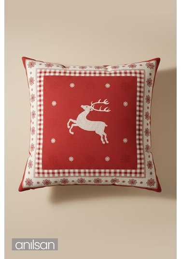 2adet Geyik Desenli Çift Taraflı Kırlent Kılıfı - 45x45 Cm Yılbaşı Dekoratif Kırmızı - Beyaz