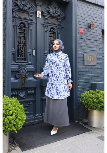Kadın Mavi Çiçek Desenli Pamuk Dokuma Kumaş Tunik Gömlek Etekli Takım Tk1415 Mavi