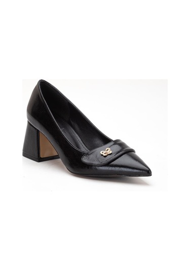 Siyah Büyük Beden Kadın Topuklu Ayakkabı Rugan Kalın Topuklu Sivri Burun -4298 Siyah