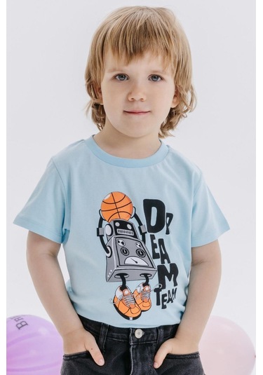 Erkek Çocuk Pamuklu Rahat Kesim Robot Baskılı Tshirt-12821-mavi Mavi