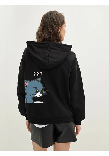 Sweatshirt Tom Ve Jerry Baskılı Kapşonlu Siyah