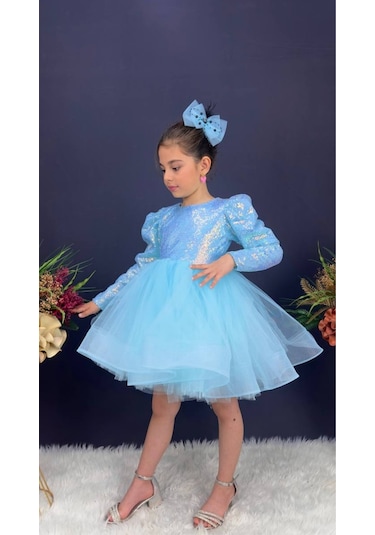 Gren Etek Pul Payet Uzun Kol Kız Çocuk Abiye Elbise 001