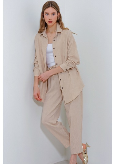 Kadın Bej Oversize Keten Alt Üst Takım 6622 6622bgd19-016-14414 001