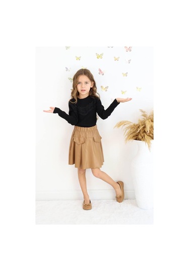 Bayramlık Fitilli Dantel Detay Deri Etekli 2 Li Takım Siyah/bisküvi Camel - Siyah