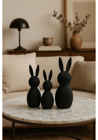 Modern Siyah Dekoratif Tavşan Figür Seti 3 Lü Minimalist Ev Dek