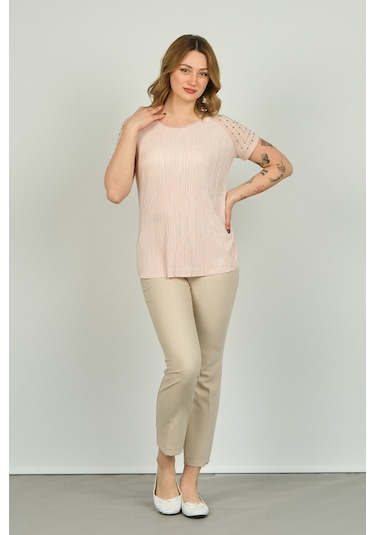 Ella Camelia Kadın Omzu Taş Detaylı Desenli Bluz 18e013 Pudra